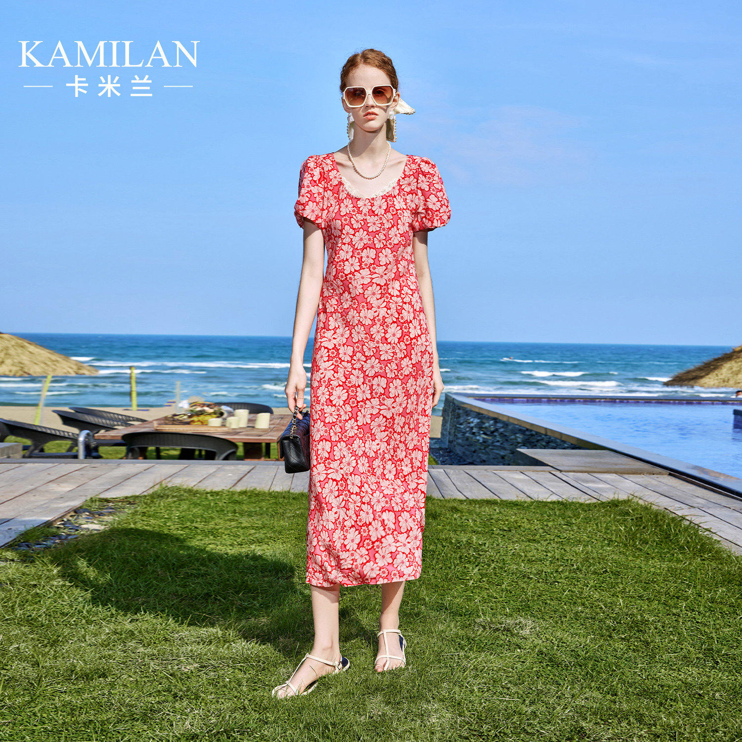 [100桑蚕丝]卡米兰泡泡袖碎花真丝连衣裙女2025夏季新款减龄裙子