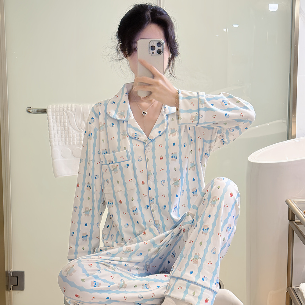 秋冬新款保暖德绒女款睡衣蓝白小熊条纹长袖长裤两件套