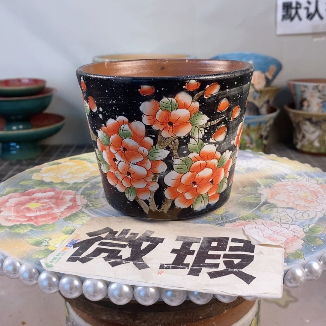 紫砂花盆红陶手绘花盆