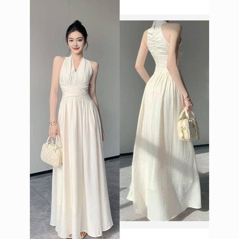 裙摆法式无袖长款连衣裙春夏V领收腰旅游晚宴长裙纪金其同款