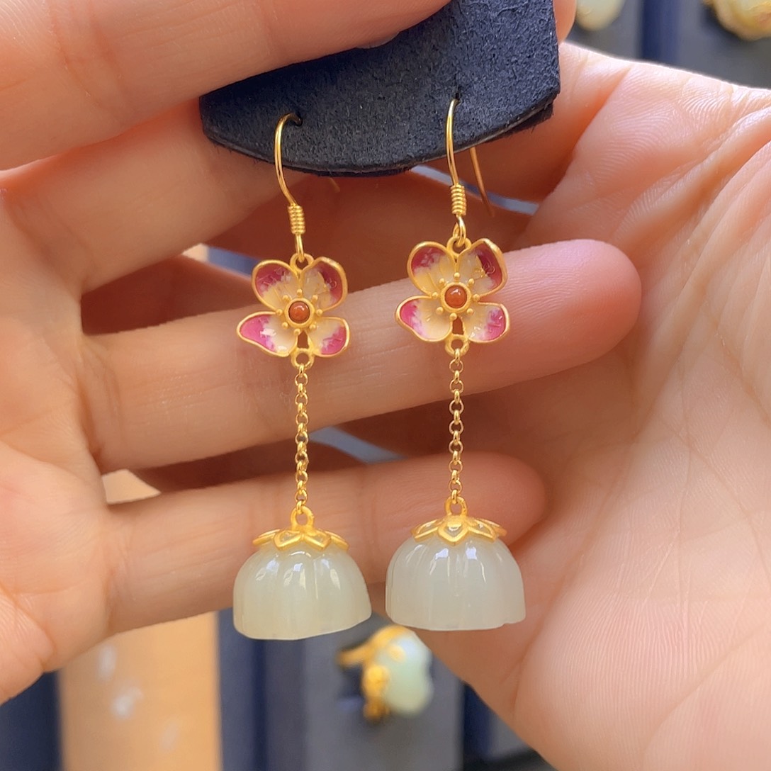 和田玉耳饰银S925镶嵌