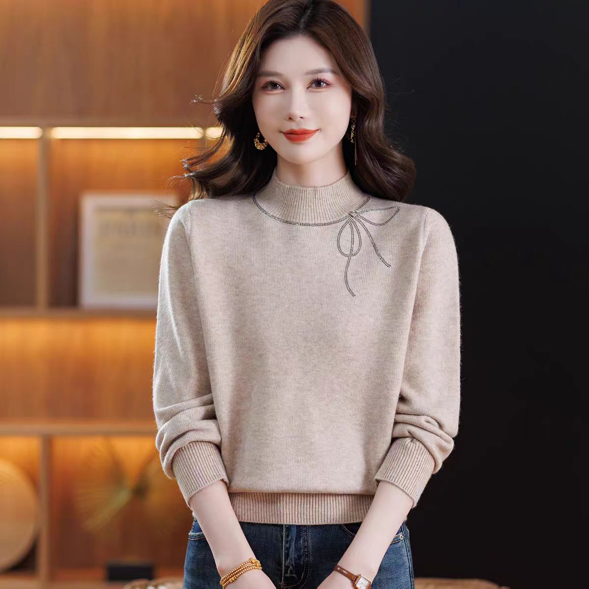 1122款加厚毛衣半高领百搭女士亮钻厚款毛针织衫纯色打底衫Y