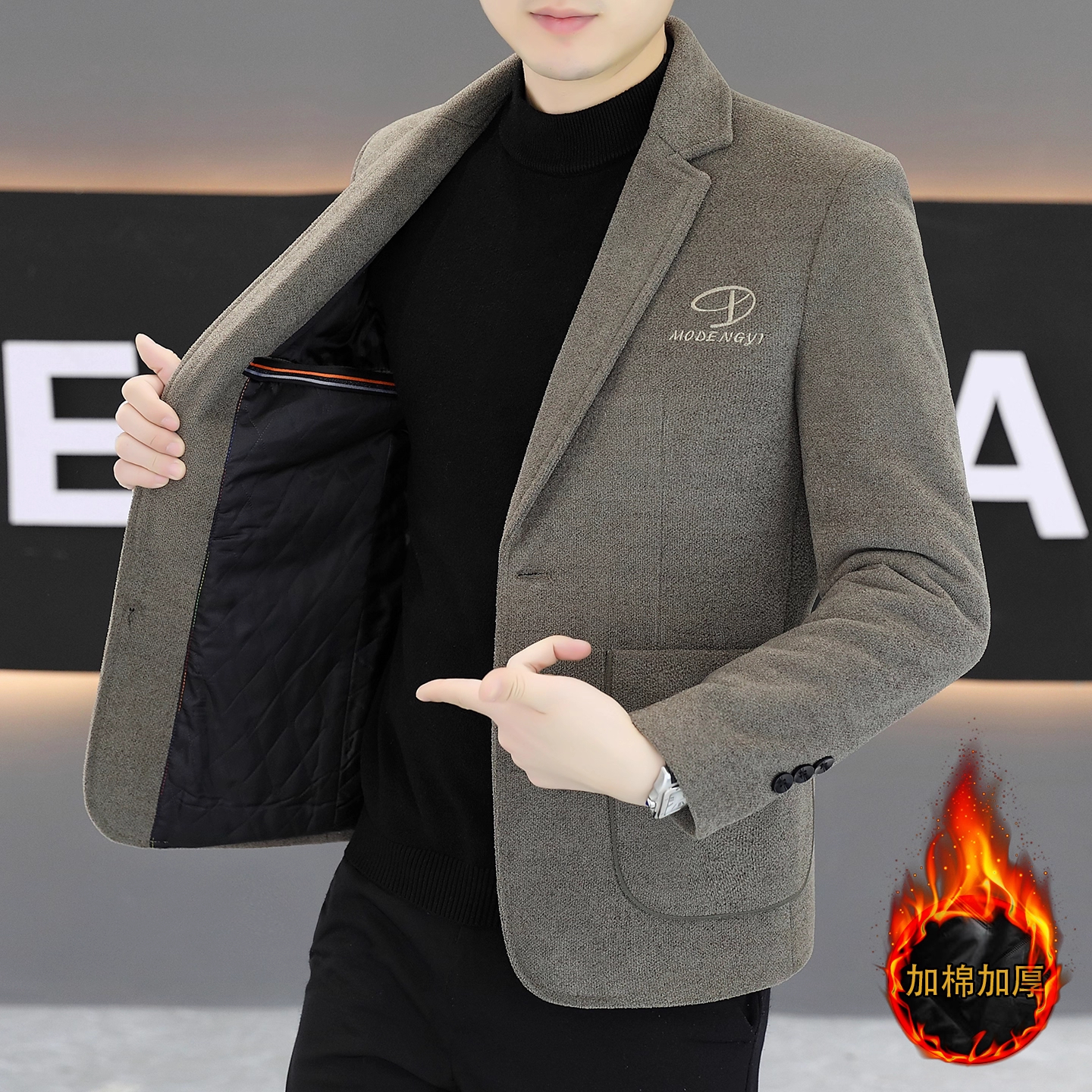 商务休闲男士西装外套男款秋冬季2025新款加棉加厚毛呢西服上衣男