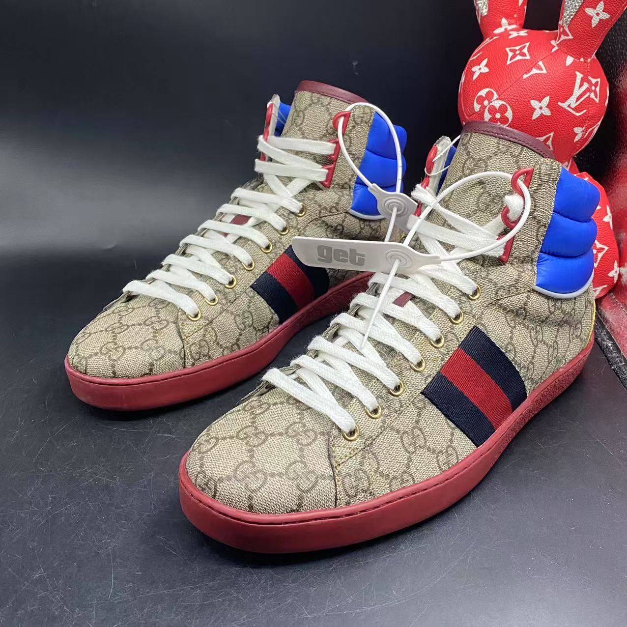 95新 GUCCI/古驰 【聚星优选】男士休闲棕老花红底高帮板鞋44欧码