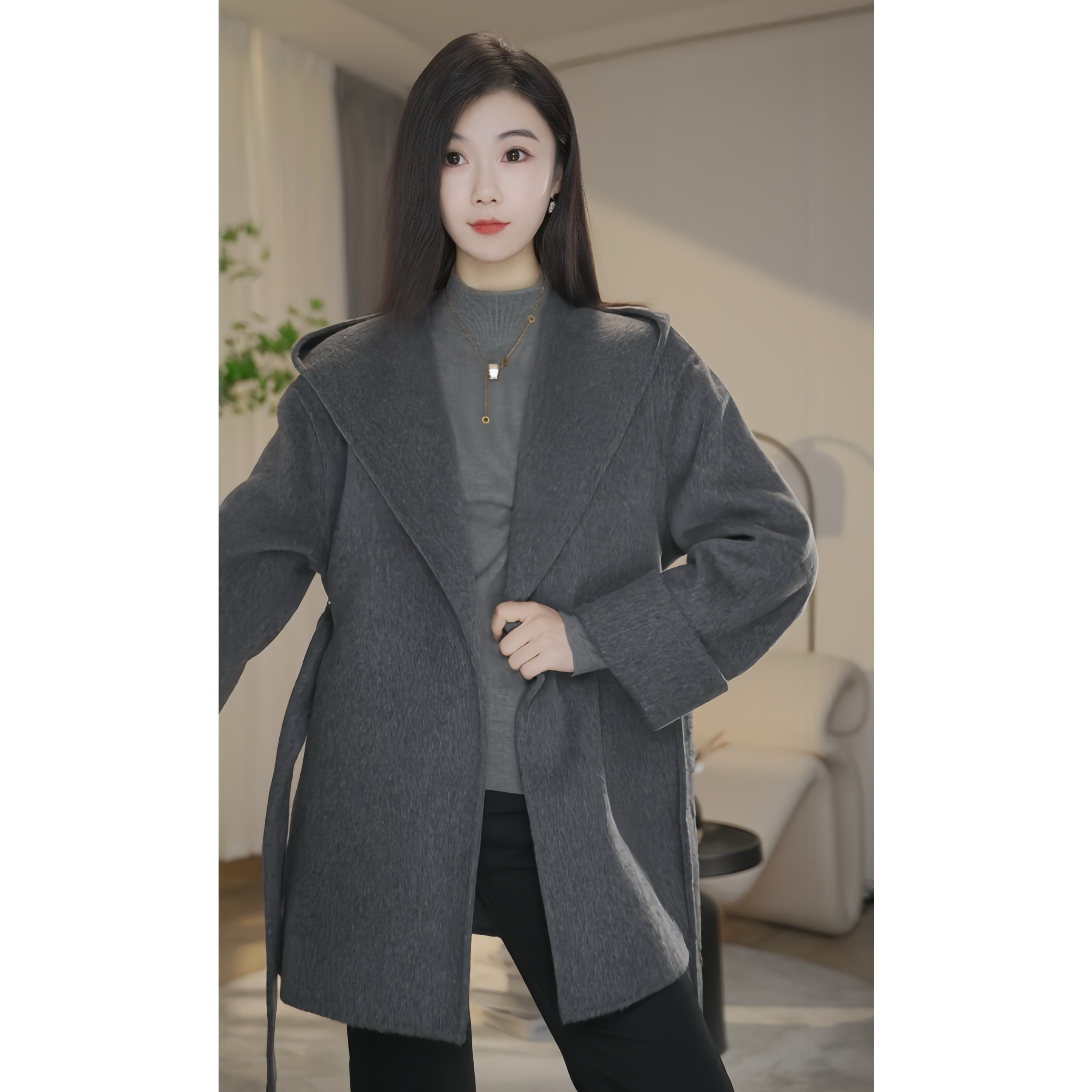 【杨杨专属】8484043烟灰色秋冬新款高端长袖双面羊毛大衣女中长款
