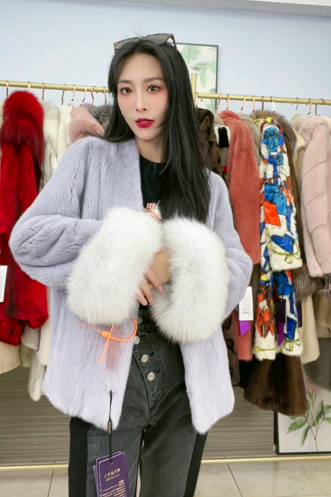 浅紫色v领整貂进口天鹅绒貂皮大衣狐狸毛大袖口