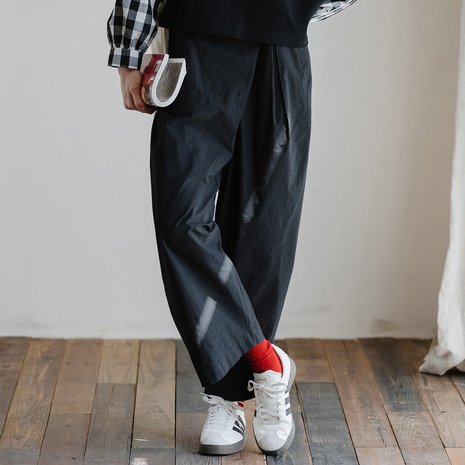 古苔 日系黑色交叉弧形裤 梨形身材的天菜裤子休闲裤