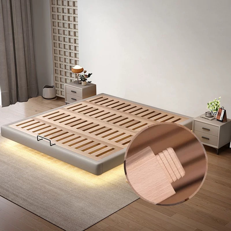 无床头悬浮床现代简约床架子奶油风主卧双人齐边皮床榉木排骨架