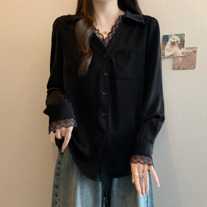 大码法式蕾丝拼接长袖衬衫女春秋新款微胖MM宽松显瘦百搭洋气上衣