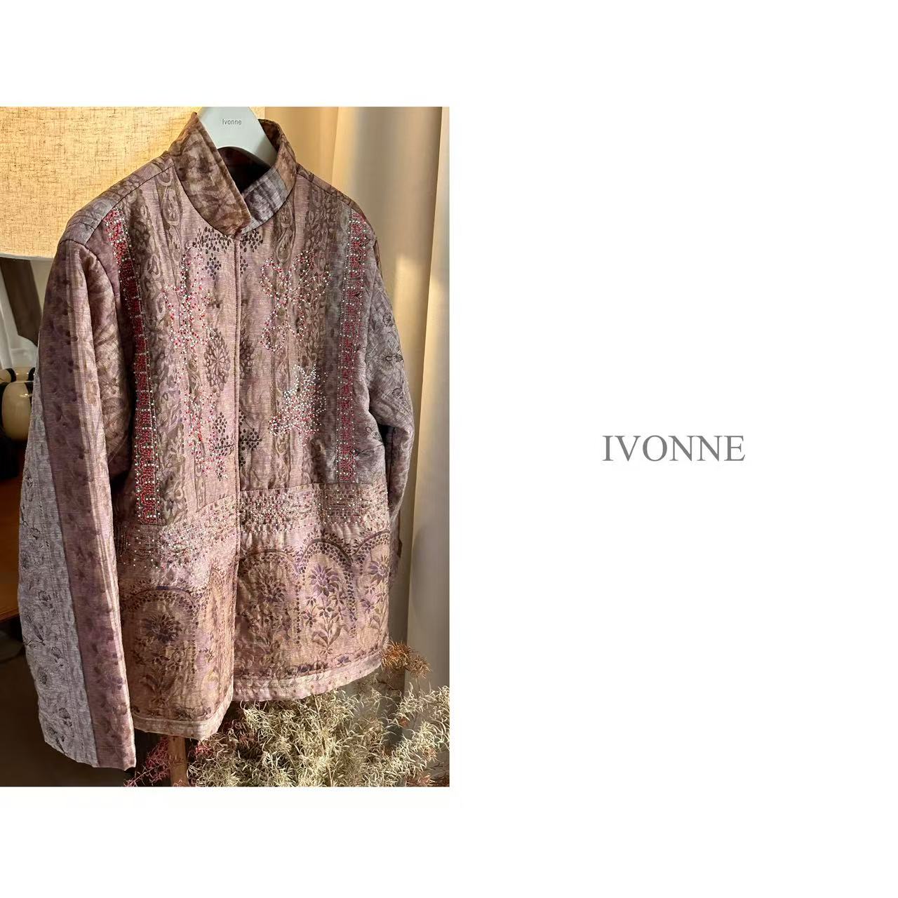 IVONNE｜2025新品 桑蚕丝亚麻 重工刺绣棉服外套