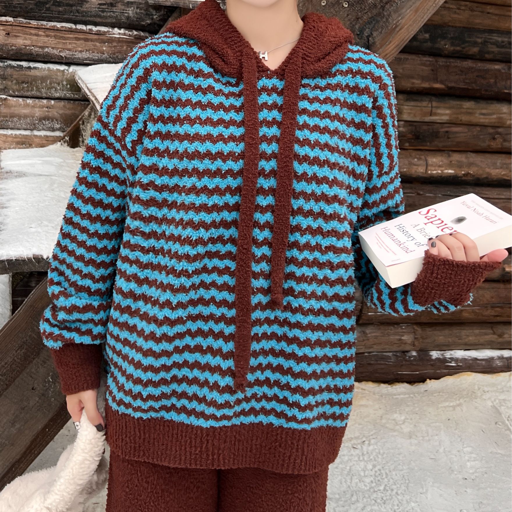 云朵鸟-休闲连帽套头软绵宽松设计师可外穿半边绒家居服套