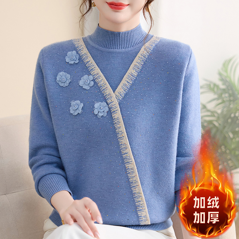 【加绒】加大码打底衫新款女中年毛衣一体绒加厚针织上衣阔太太