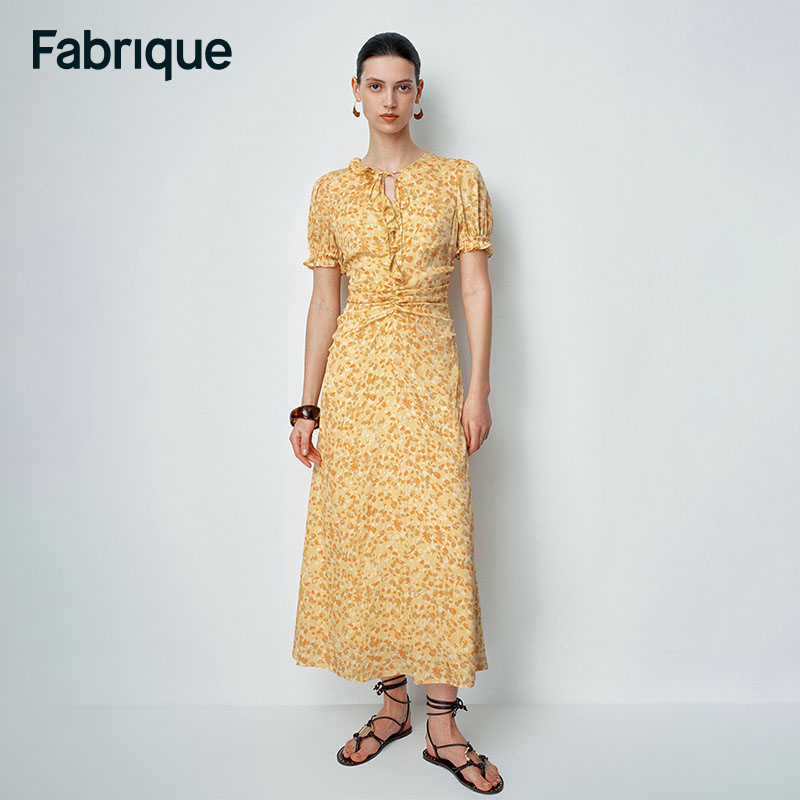 Fabrique Paula 春夏新款金盏黄碎花绑带荷叶边茶歇裙收腰连衣裙