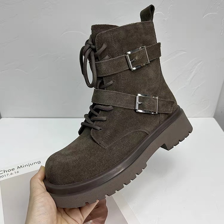 2025秋冬新款加绒工装英伦风机车短靴粗跟厚底马丁靴女926