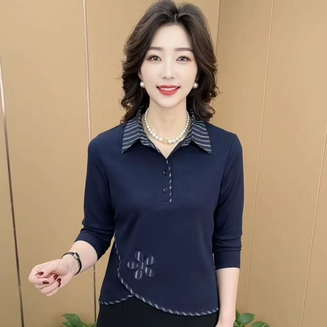 秋季新款时尚翻领纯色刺绣洋气妈妈装休闲中国风长袖上衣