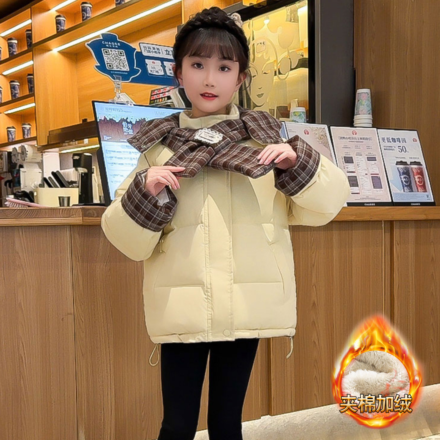 女童夹棉加绒立领短款的保暖百搭棉袄加厚儿童棉衣