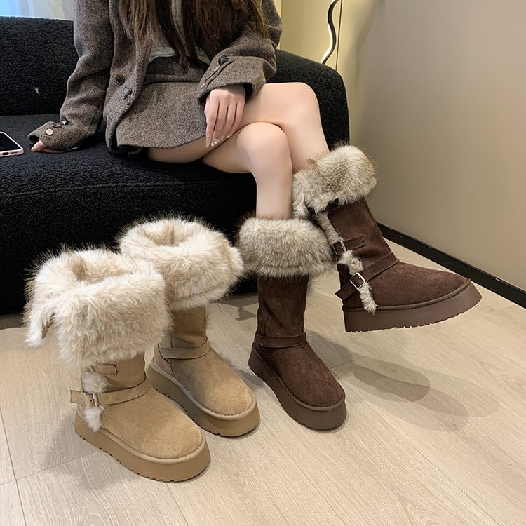 【现货】驼色长筒两穿雪地靴加绒加厚厚底中筒靴时尚雪地靴