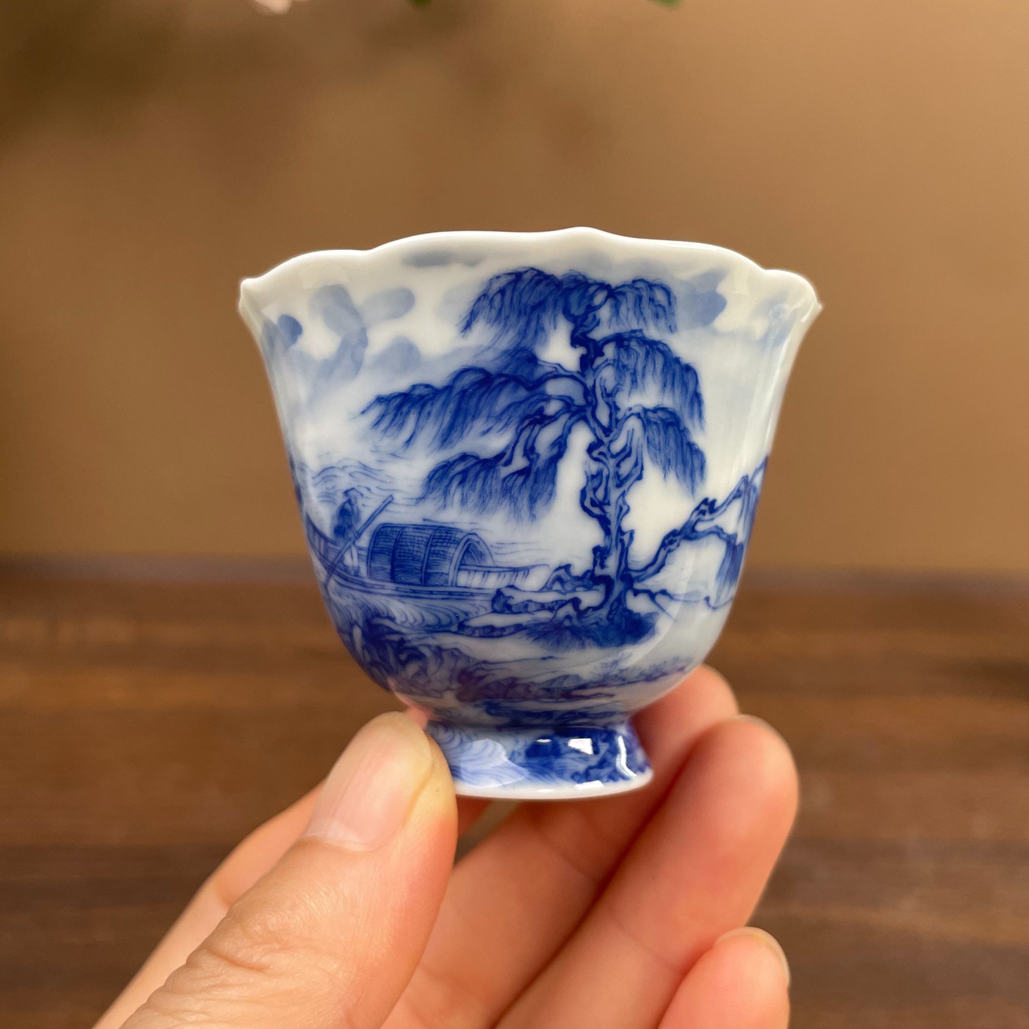【九茗珍藏】林意薄胎宋画山水花口铃铛杯 手工手绘景德镇茶具