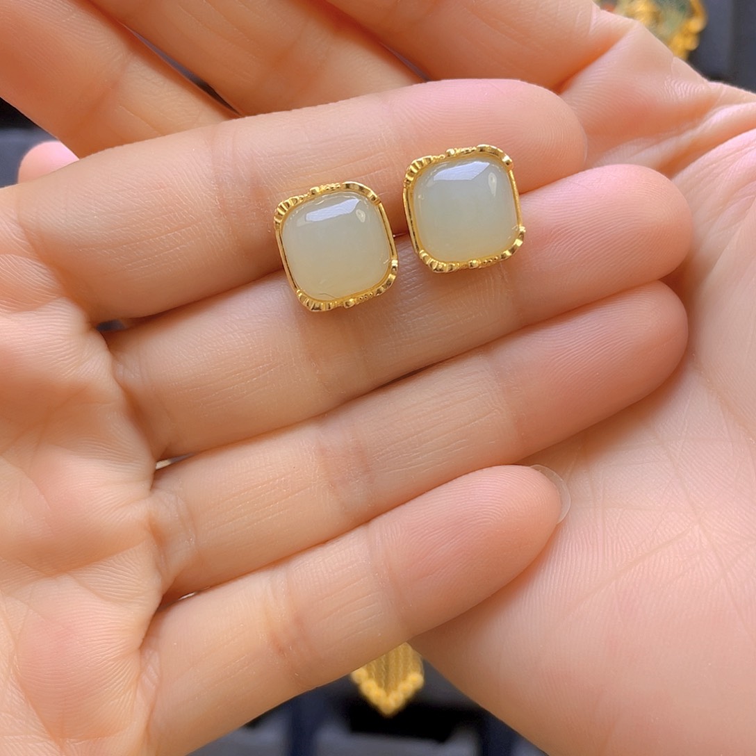 和田玉耳饰银S925镀金镶嵌