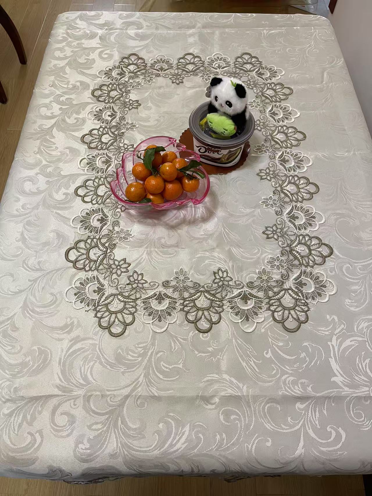 欧式奢华凤凰米白色贡缎布百财撞色花边防水茶几布餐桌布