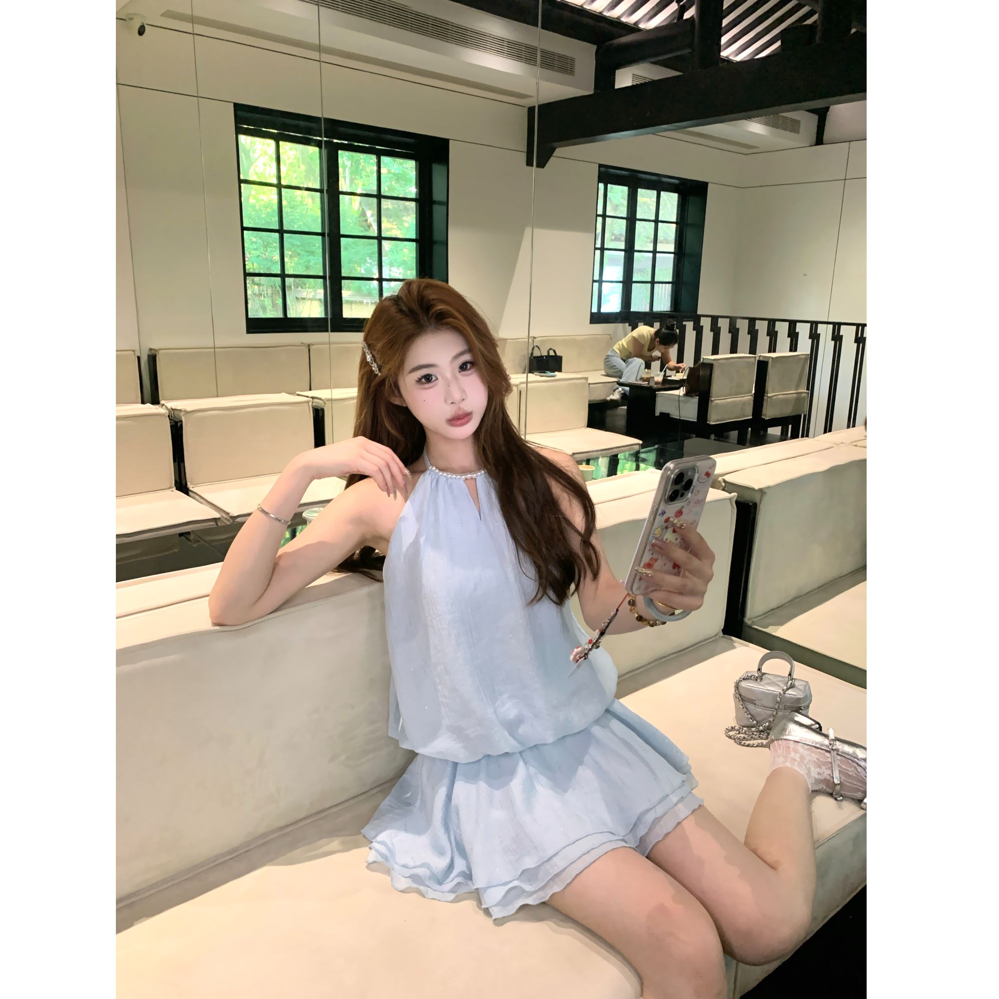 麻吉麻吉mochi【人鱼眼泪】挂脖露肩无袖连衣裙夏季新款宽松蛋糕裙