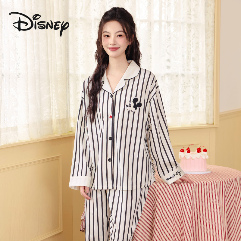Disney/迪士尼米奇条纹纯棉可外穿女士睡衣秋季新款家居服套装