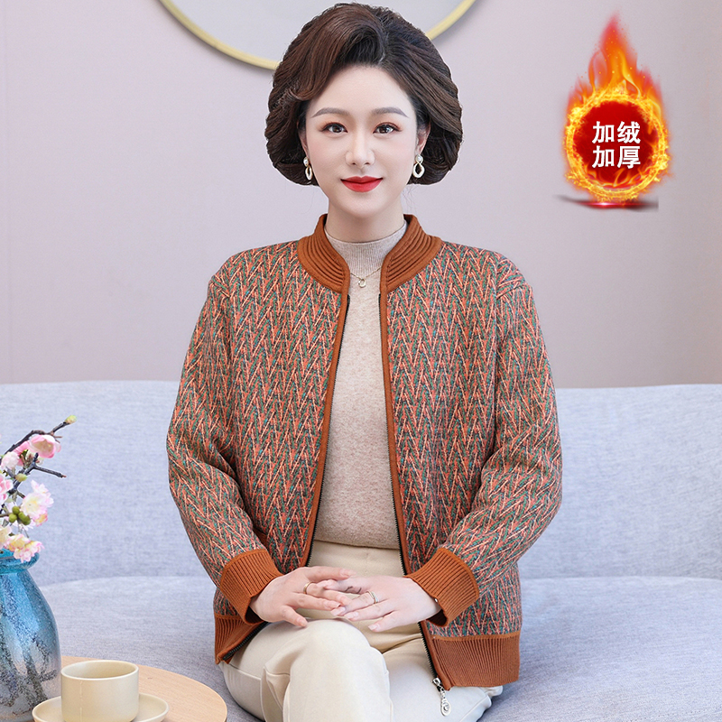 妈妈装秋冬新款弹力棉大码立领外套中老年人加绒加厚保暖开衫外套