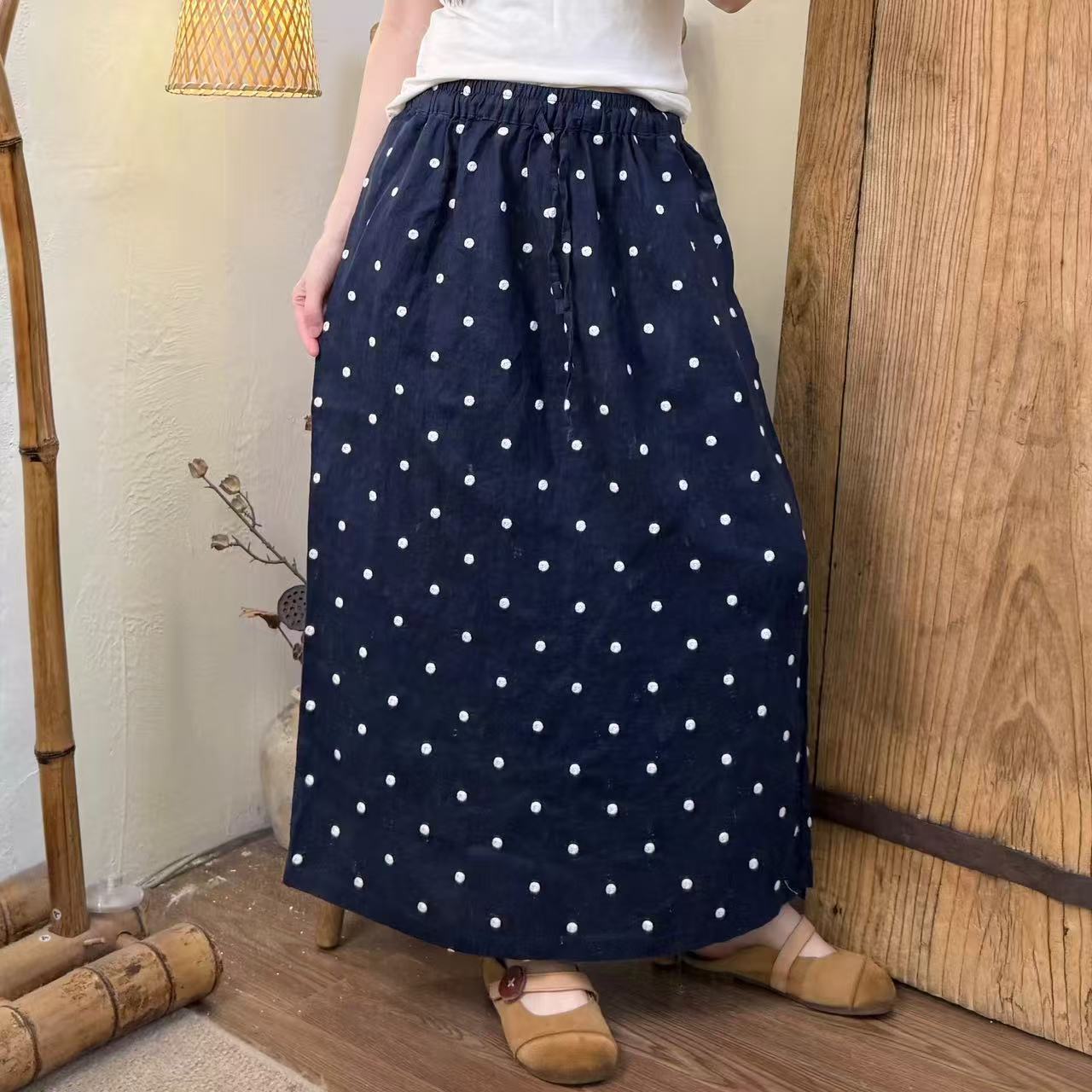 （裙长85cm）诺曼底雨露汉麻后开叉显瘦松紧腰抽绳半裙女 XHH 0268