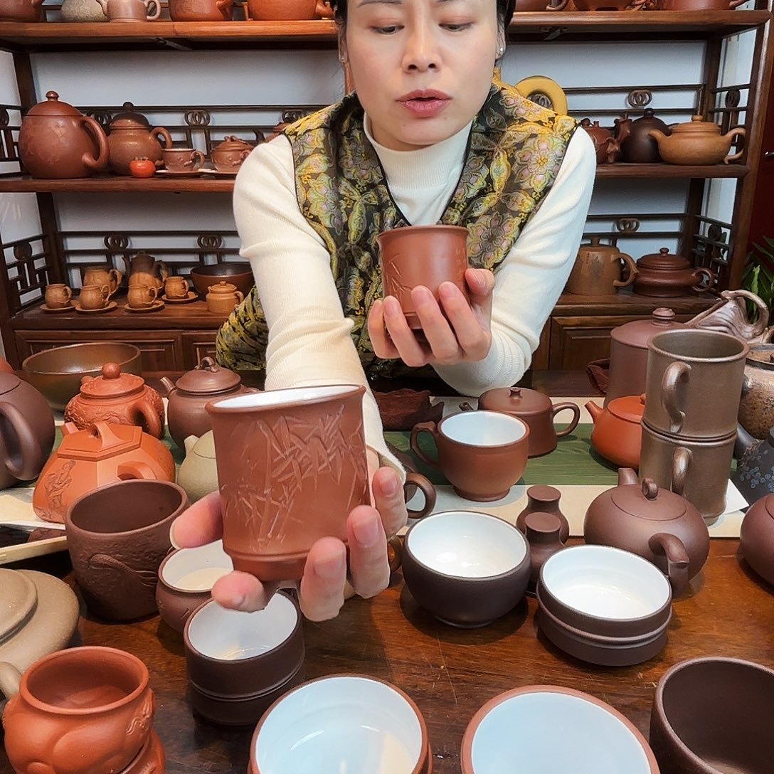 茶杯紫砂瑕疵刻竹紫砂杯