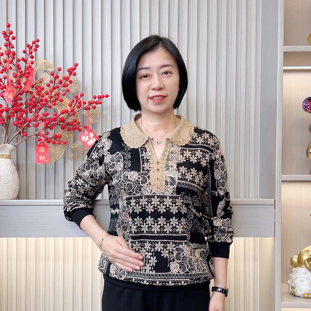 秋季新款时尚洋气减龄中老年妈妈装宽松显瘦气质翻领烫钻印花上衣