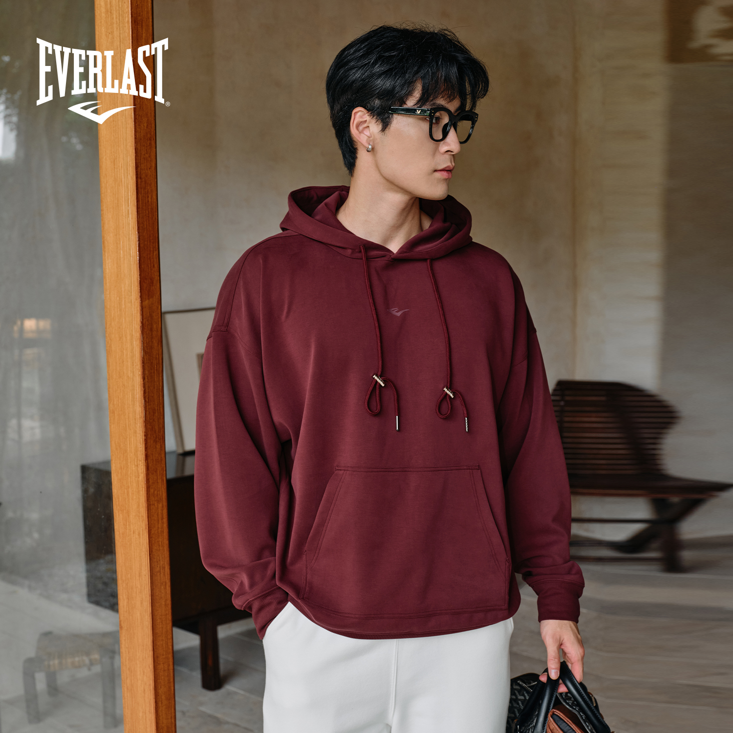 美国EVERLAST拳击运动高街美式宽松莫代尔空气层落肩男女连帽卫衣