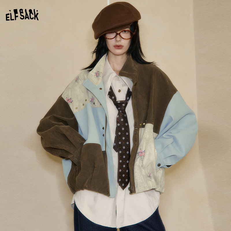 妖精的口袋PU皮拼接麂皮外套女2025年秋季新款高级感撞色宽松夹克