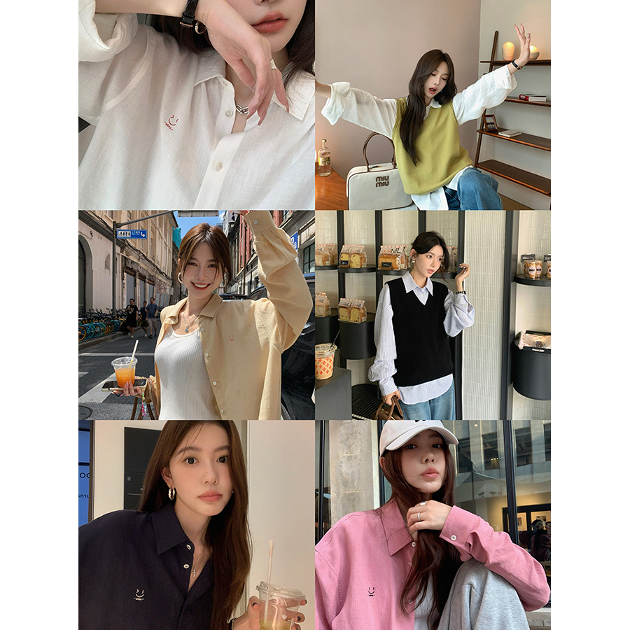 张贝贝 松弛呼吸 苎麻竹节棉 BF风笑脸刺绣廓形衬衫