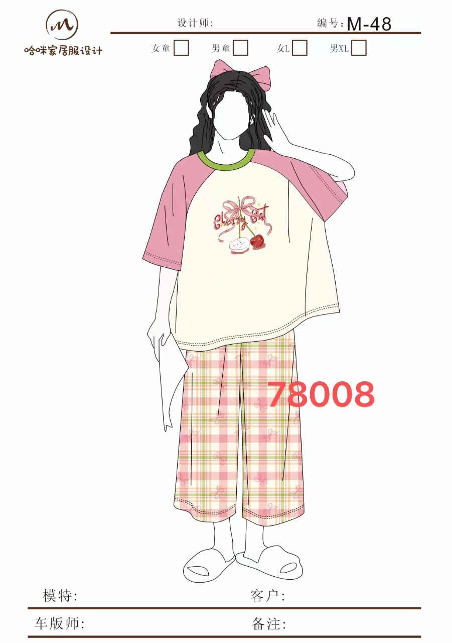 78008夏季女士带胸垫纯棉睡衣套装短袖长裤女套装女士家居服