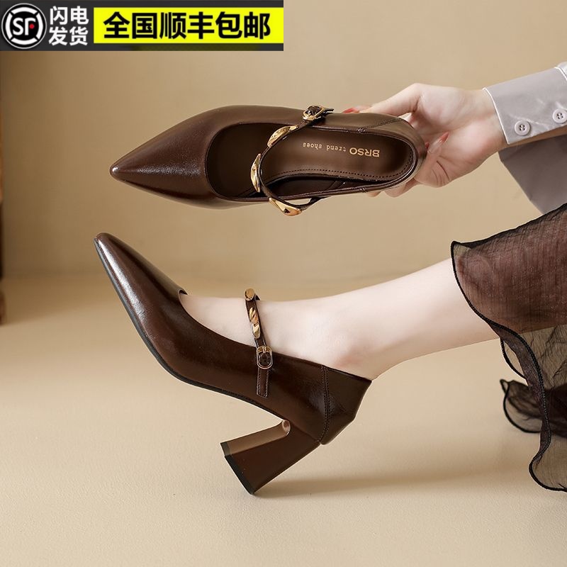 2025秋季7cm粗高跟鞋复古玛丽珍鞋法式新款单鞋尖头浅口网红爆款