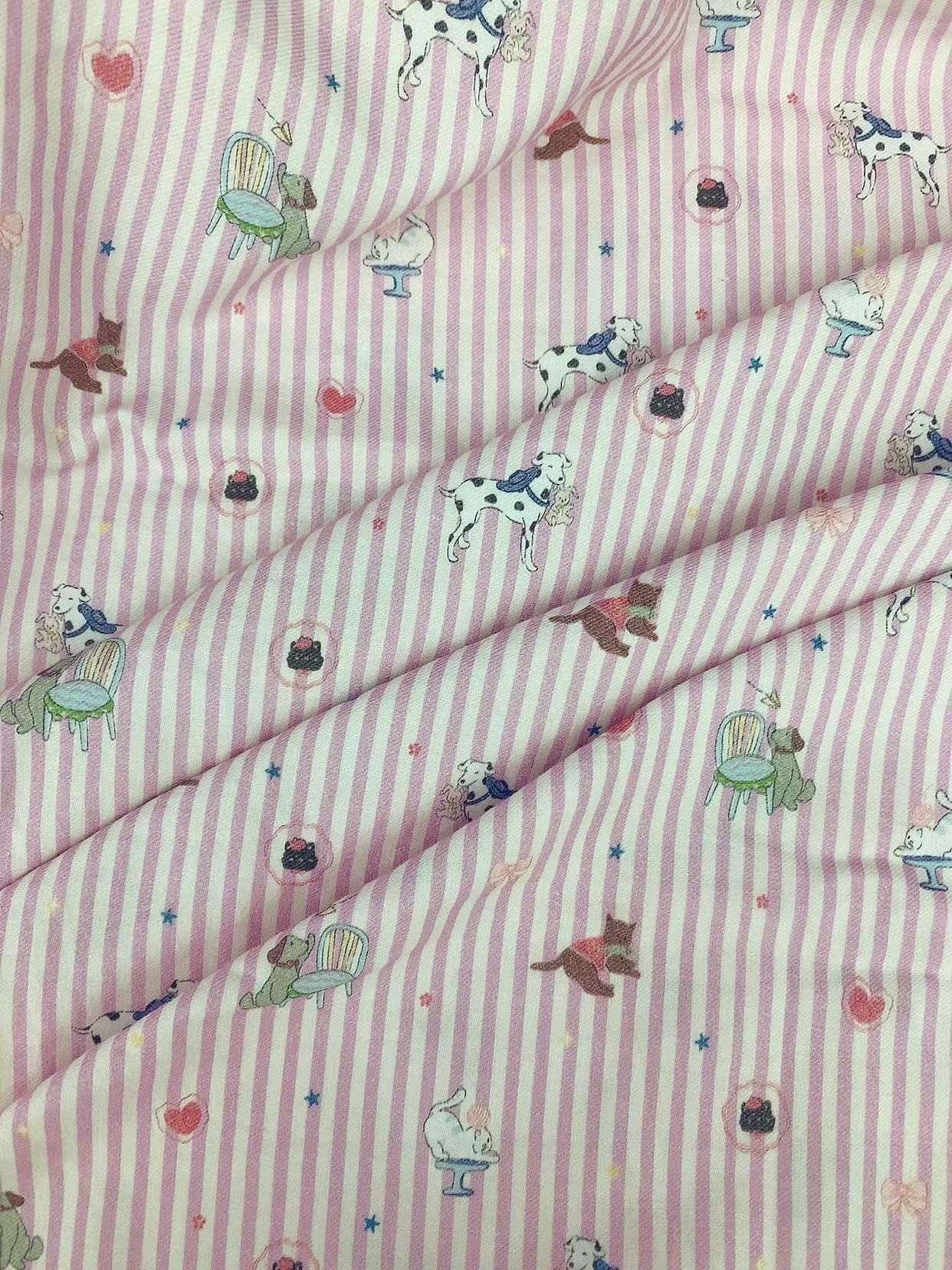 【加厚全棉磨毛】冬季秋冬布料面料宽幅2.5米粉条纹小狗（一米价）