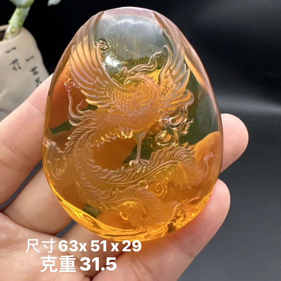 缅甸天然琥珀大师工雕刻蓝珀凤凰吊坠挂件