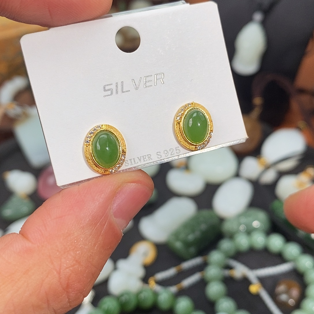 和田玉银S925镶嵌耳饰