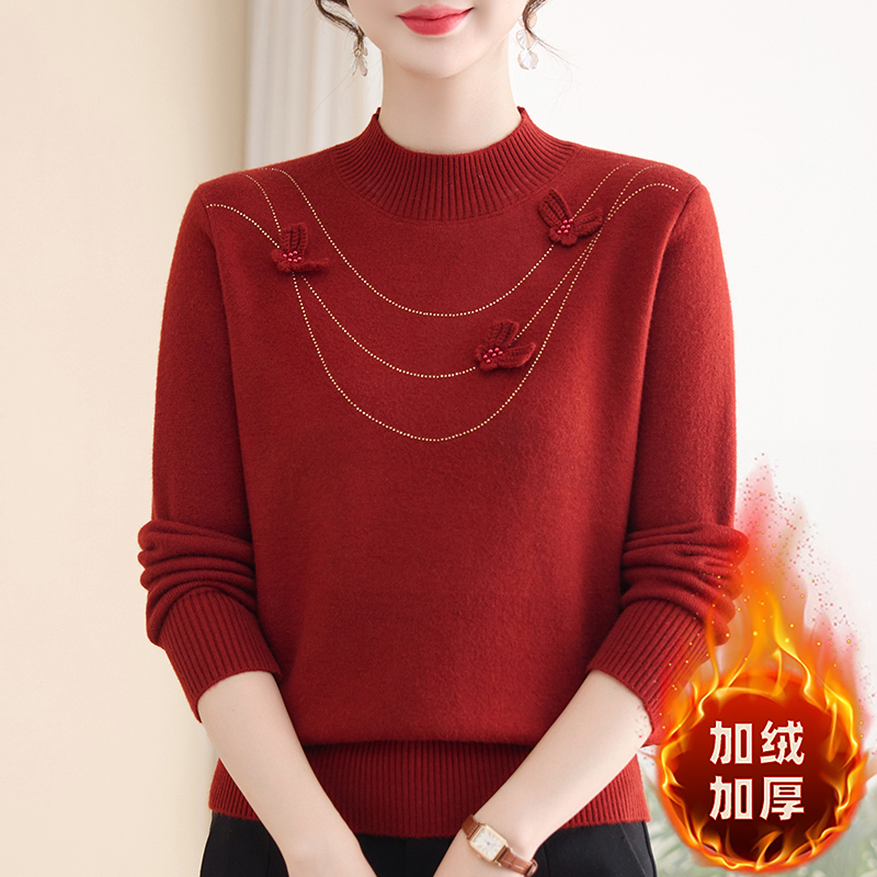 中年妈妈冬装加绒加厚毛衣中老年女装秋冬针织打底衫奶奶保暖