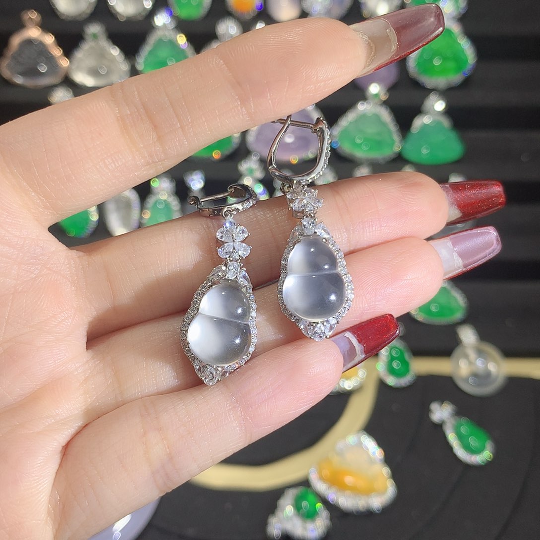 石英质玉耳钉银S925镶嵌喵*家