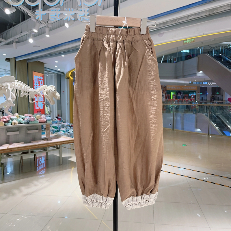 MOMOCO女童夏季新款时尚百搭纯色休闲花边脚口布长裤77620354004