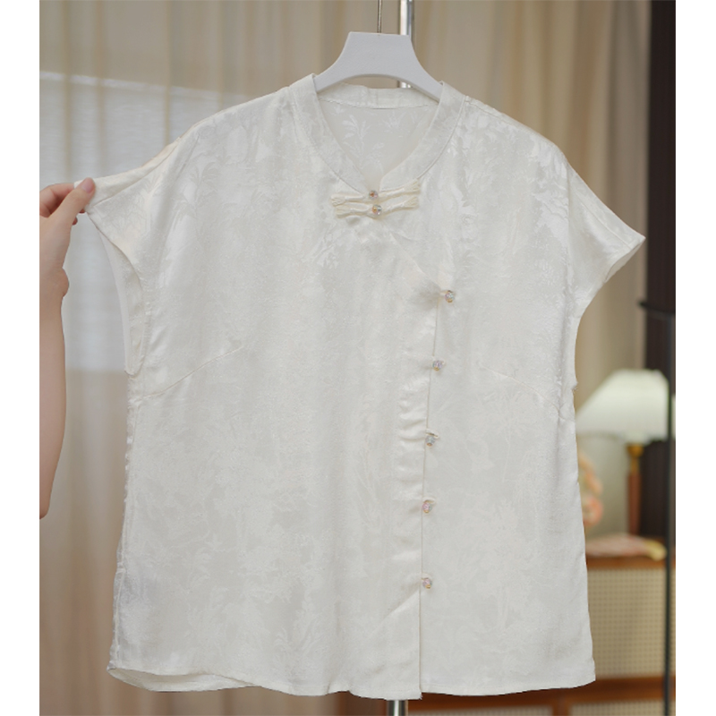 0734-夏季白坯纱斜襟古风盘扣上衣T恤