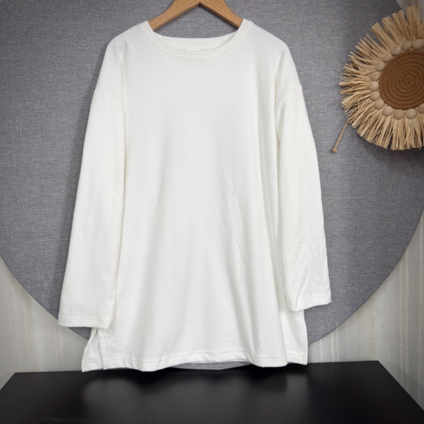 2209开叉白色德绒保暖圆领纯色百搭休闲T恤