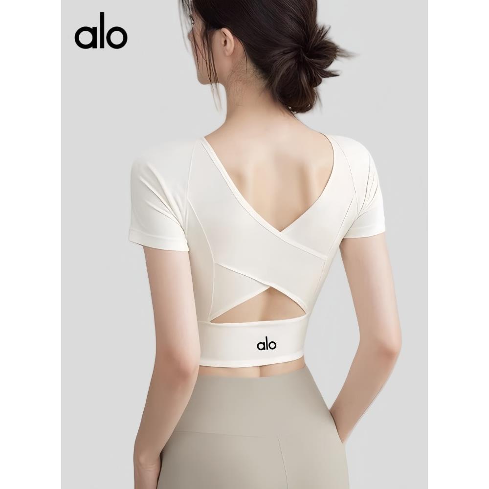 alo 瑜伽服女2025新款夏季高级感健身衣普拉提套装短袖上衣带胸垫