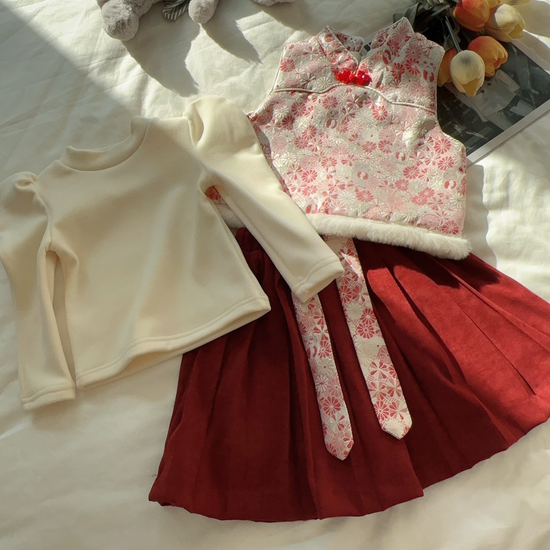 HHkids女童汉服冬款宝宝马甲打底衫套装国风唐装裙子三件套CTZ461