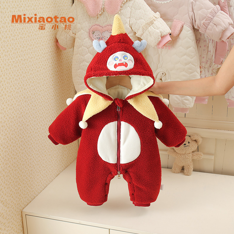 冬款新款红色雪人加厚外出服幼儿宝宝哈衣新生儿衣服童装连体衣