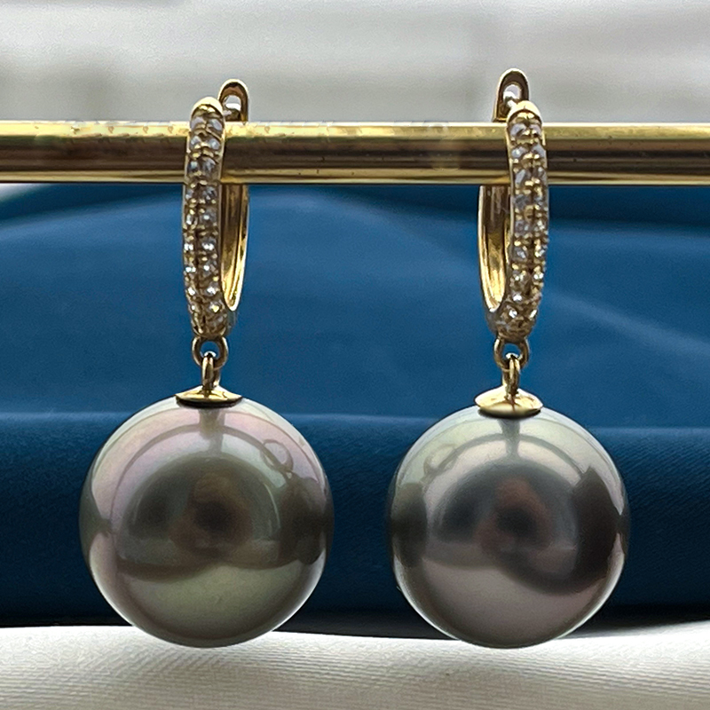 11-13mm18k金大溪地黑海水强光珍珠耳环耳钩百搭耳饰经典气质时尚