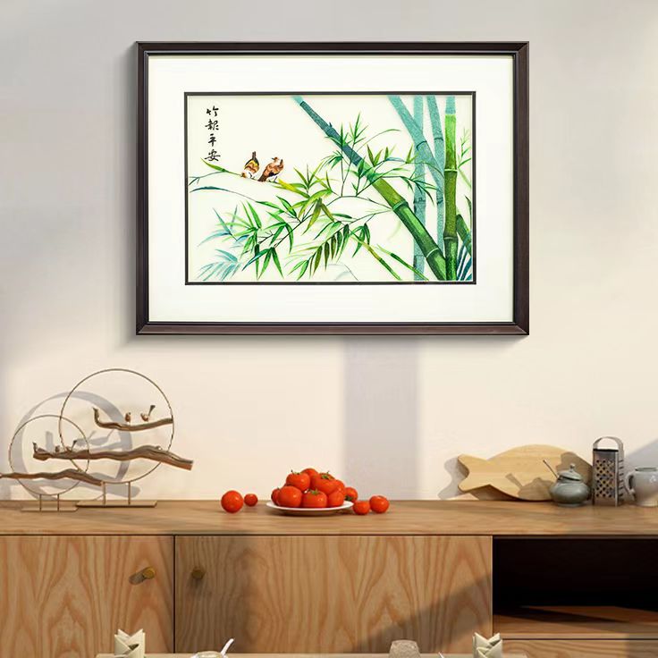 实木带框中式竹子刺绣画餐厅书房卧室床头装饰画6080