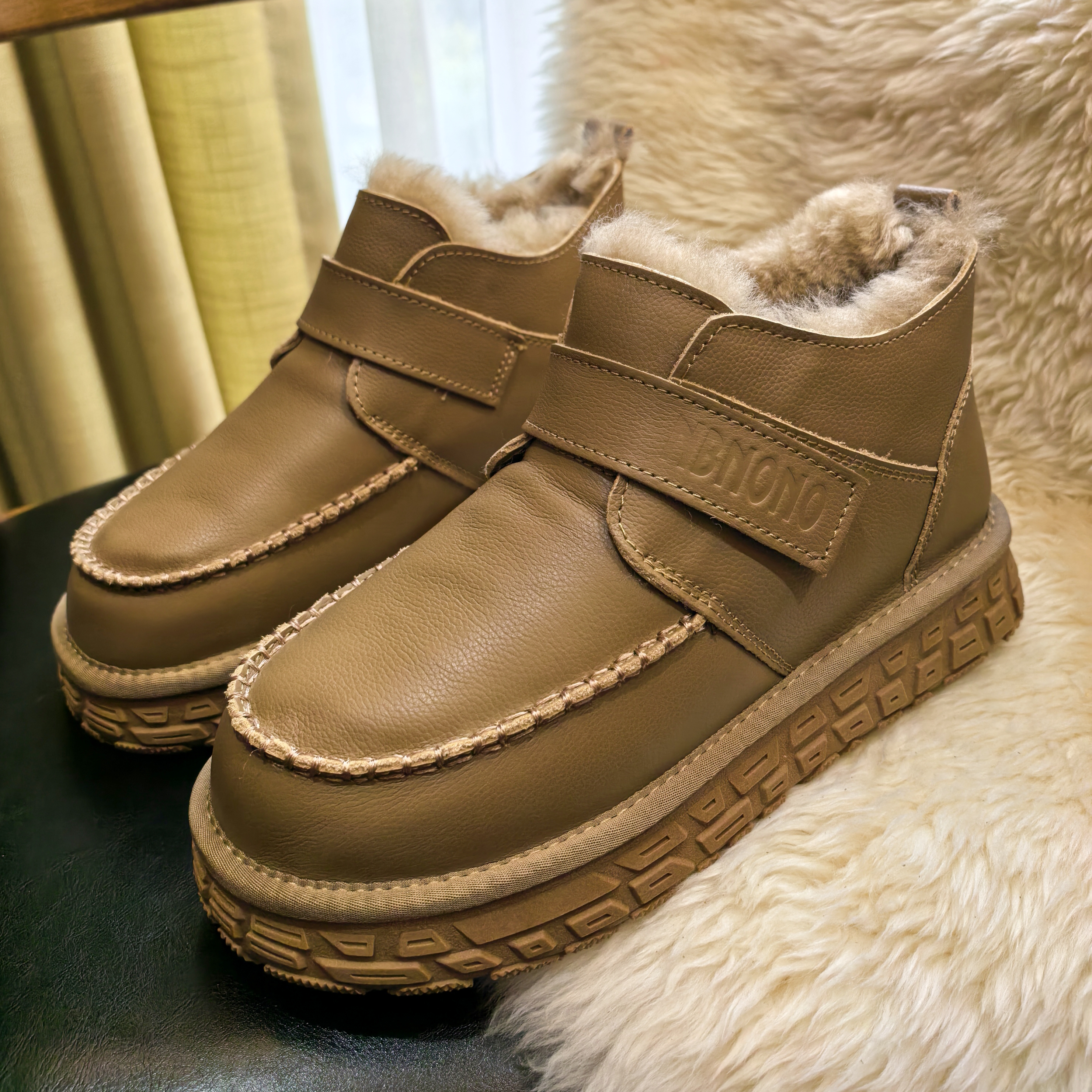 头层牛皮+全羊毛雪地靴魔术贴男款防水保暖大棉鞋皮毛一体N5896