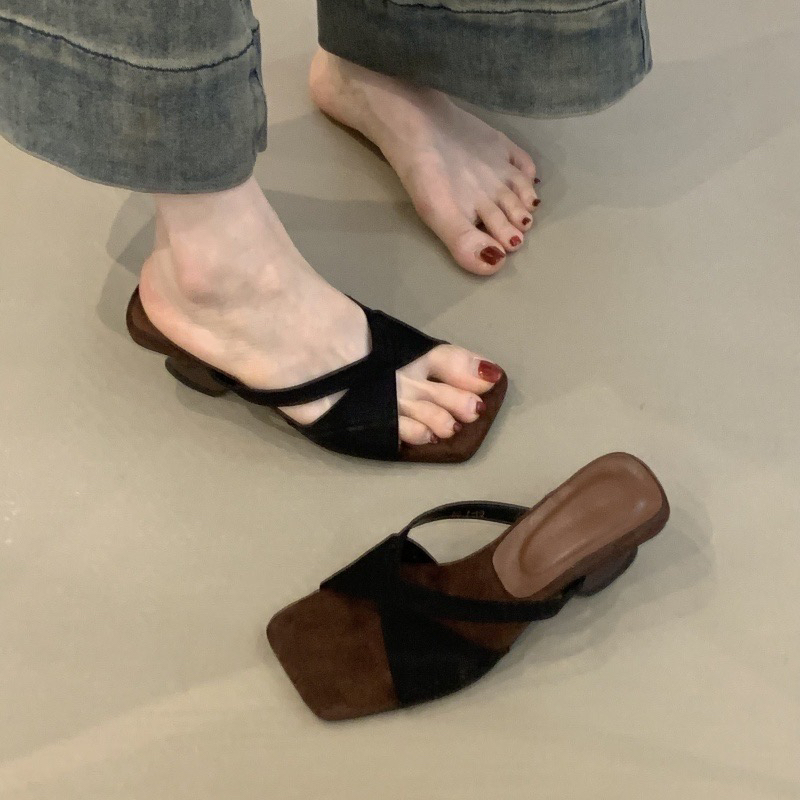 MRL-01-1 设计感小众凉鞋法式复古豹纹交叉坡跟高跟一字凉拖鞋